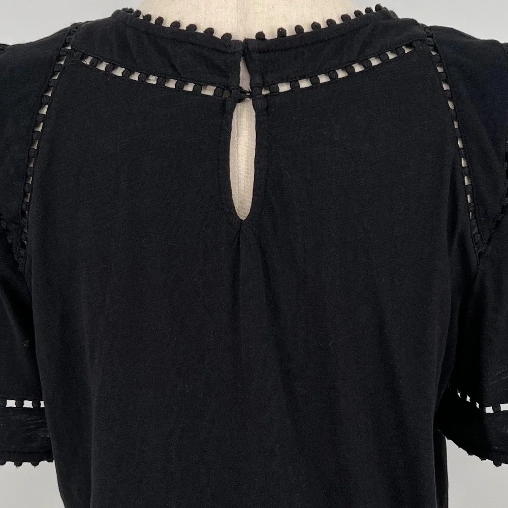 Boden Womens Mila Pom Pom Trim Short Puff Sleeve Top Size 8 Black Cotton Boho